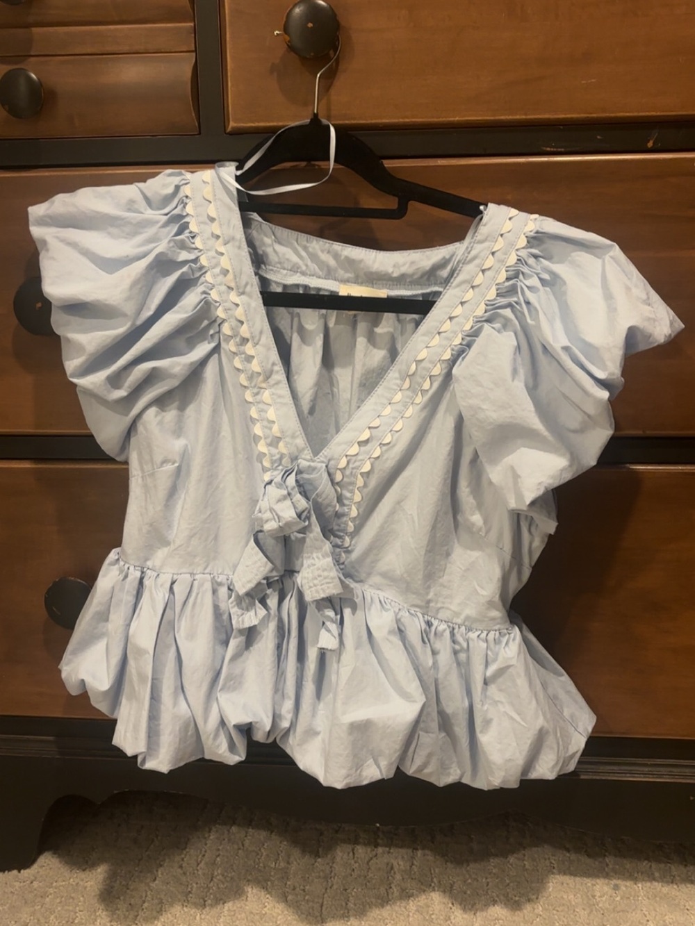 Light Blue Ruffled V-Neck Tie Front Women's Top